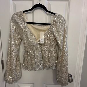 Francesca's Silver/Champagne Sequin Peplum Top